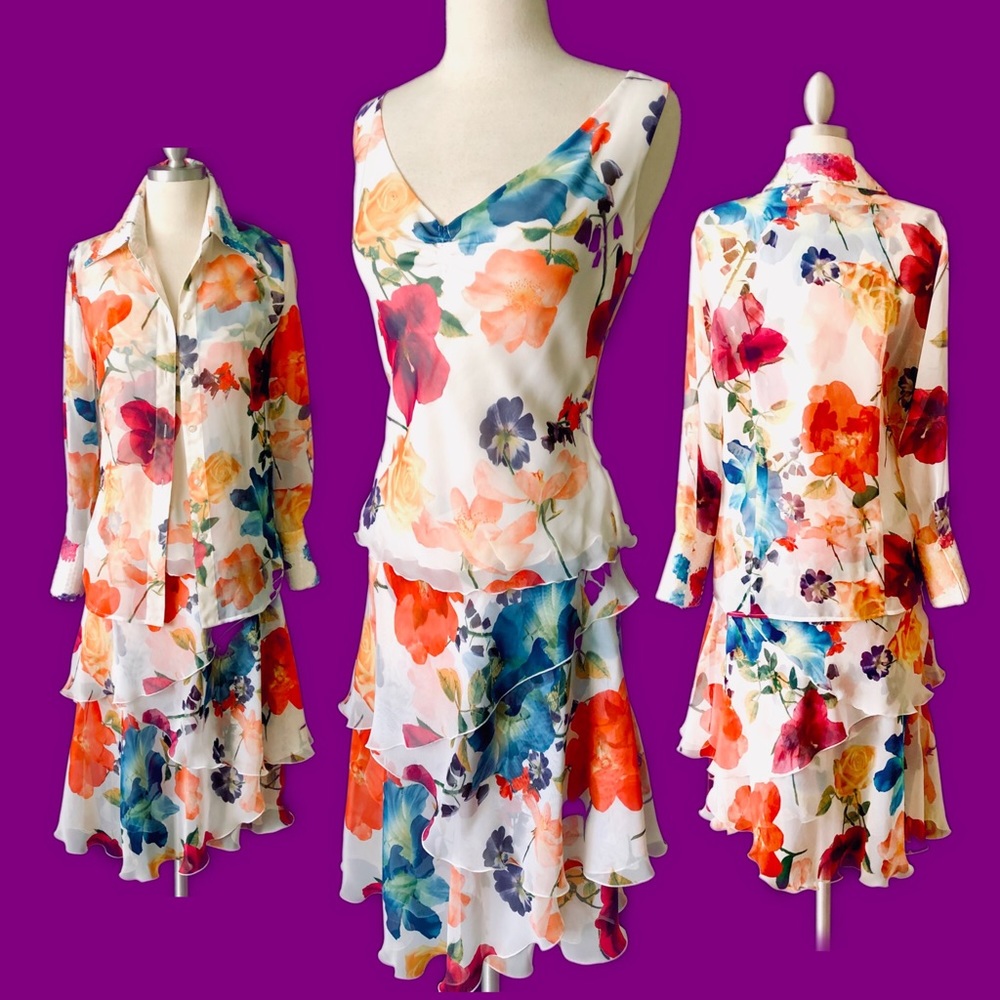 Romantic ESCADA 3 PC Vintage Floral Chiffon Ensemble w Sequins 34 US S / M